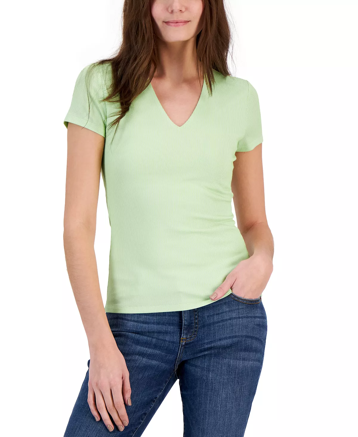 Women's Two-Toned Ribbed V-Neck Top, Created For Macy's INC International Concepts Women's Two-Toned Ribbed V-Neck Top, Created For Macy's -CeCe cloth-shop