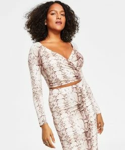 Bar III Women's Snakeskin-Print Long-Sleeve Surplice Cropped Top, Created For Macy's