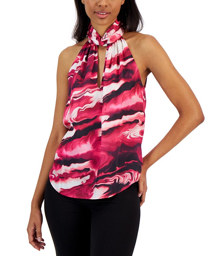 Women's Satin Printed Twist-Neck Halter Top Anne Klein Women's Satin Printed Twist-Neck Halter Top -CeCe cloth-shop