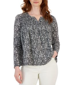 Style & Co Women's Floral-Print Smocked Knit Top, Created For Macy's