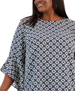 Kasper Plus Size Printed Flared 3/4-Sleeve Blouse -CeCe cloth-shop 23022242 fpx