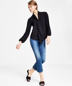 Bar III Women's Tie Neck Cinched Sleeve Blouse, Created For Macy's