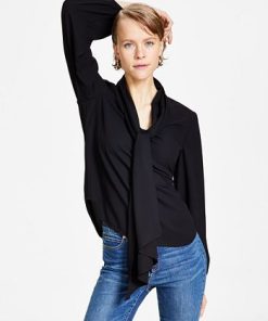 Bar III Women's Tie Neck Cinched Sleeve Blouse, Created For Macy's -CeCe cloth-shop 23033369 fpx