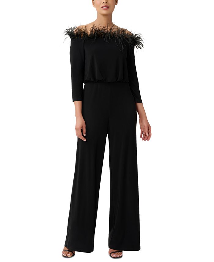 Women's Feather-Trim Wide-Leg Jumpsuit Adrianna Papell Women's Feather-Trim Wide-Leg Jumpsuit -CeCe cloth-shop