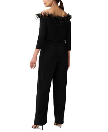 Women's Feather-Trim Wide-Leg Jumpsuit Adrianna Papell Women's Feather-Trim Wide-Leg Jumpsuit -CeCe cloth-shop