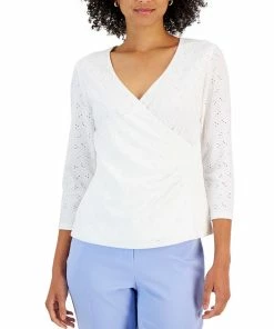 Kasper Women's Faux-Wrap 3/4-Sleeve Eyelet Top
