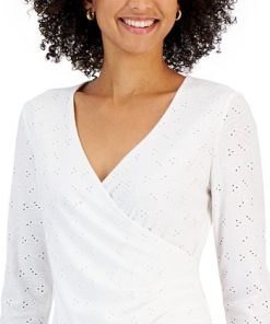 Kasper Women's Faux-Wrap 3/4-Sleeve Eyelet Top -CeCe cloth-shop 23035292 fpx