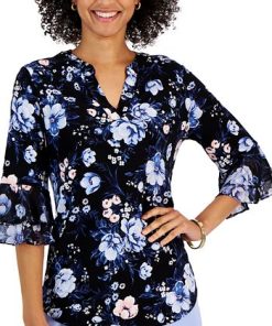 Kasper Women's Floral V-Neck Flutter-Sleeve Top -CeCe cloth-shop 23035459 fpx