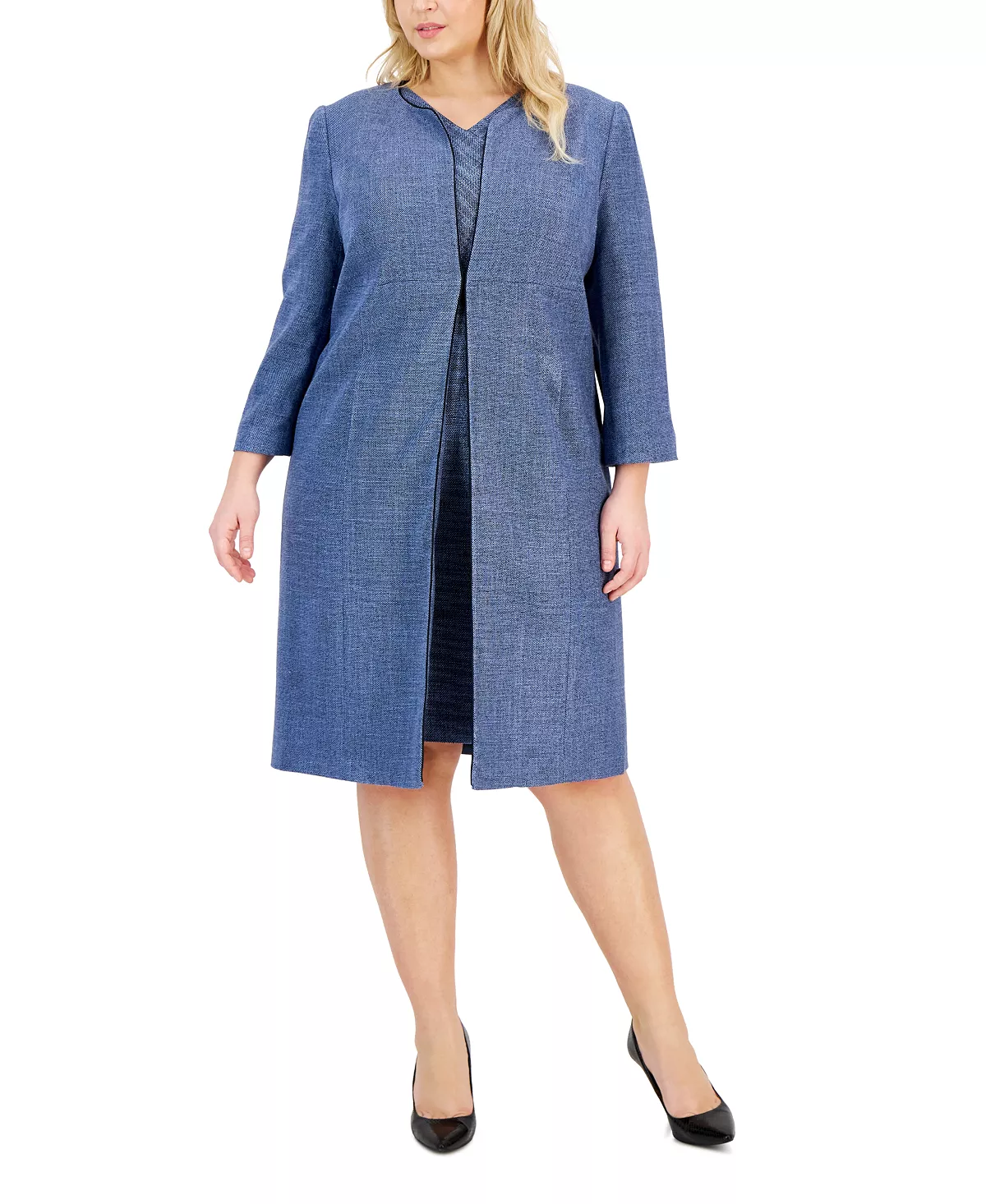 Kasper Plus Size Collarless 3/4-Sleeve Tweed Topper Jacket - Image 3