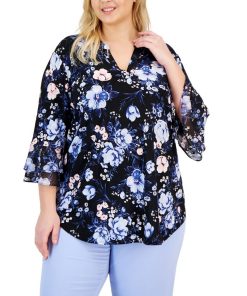 Kasper Plus Size Floral V-Neck Flutter-Sleeve Top