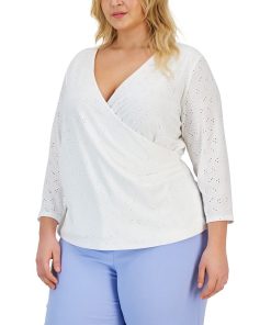Kasper Plus Size Faux-Wrap 3/4-Sleeve Eyelet Top