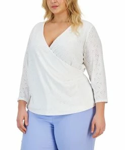 Kasper Plus Size Faux-Wrap 3/4-Sleeve Eyelet Top