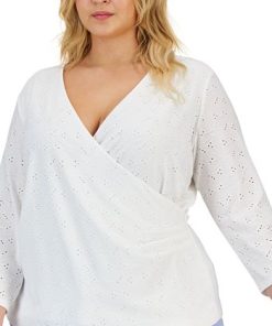 Kasper Plus Size Faux-Wrap 3/4-Sleeve Eyelet Top -CeCe cloth-shop 23046043 fpx