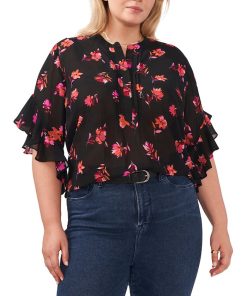 Vince Camuto Plus Size Floral Flutter-Sleeve Blouse