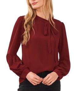 CeCe Women's Solid Long Sleeve Tie-Neck Puff-Sleeve Blouse
