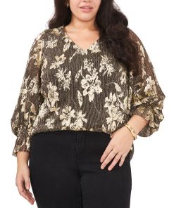 Vince Camuto Plus Size Metallic-Threaded Smocked Top