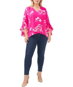 Vince Camuto Plus Size Flutter Sleeve Floral Whisps V-Neck Tunic -CeCe cloth-shop 23139328 fpx