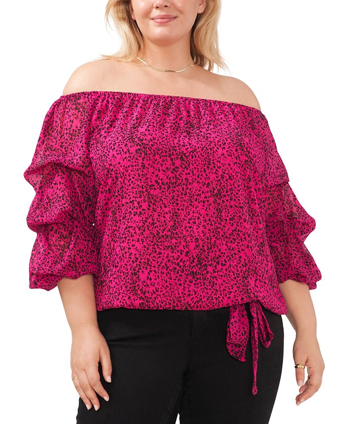 Plus Size Off-The-Shoulder Bubble-Sleeve Printed Blouse Vince Camuto Plus Size Off-The-Shoulder Bubble-Sleeve Printed Blouse -CeCe cloth-shop