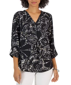 JM Collection Women's Swirl-Print Split-Neck Woven Top, Created For Macy's -CeCe cloth-shop 23149691 fpx