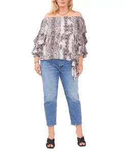Vince Camuto Plus Size Snakeskin-Print Off-The-Shoulder Bubble-Sleeve Top -CeCe cloth-shop 23149699 fpx