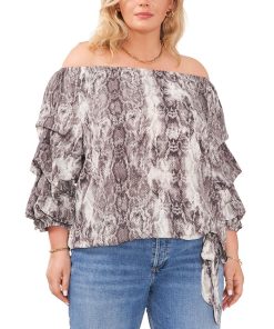 Vince Camuto Plus Size Snakeskin-Print Off-The-Shoulder Bubble-Sleeve Top