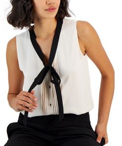 Anne Klein Women's Tie V-Neck Sleeveless Button-Up Blouse -CeCe cloth-shop 23151202 fpx