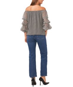Vince Camuto Women's Printed Off-the-Shoulder Bubble-Sleeve Blouse -CeCe cloth-shop 23186076 fpx