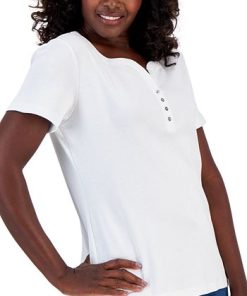 Karen Scott Hort Sleeve Henley Top, Created For Macy's -CeCe cloth-shop 23186917 fpx