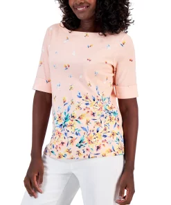Karen Scott Women's Tulerie Dream Printed Elbow-Sleeve Top, Created For Macy's