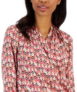 Anne Klein Women's Printed Flat Satin Long-Sleeve Faux-Wrap Draped Blouse -CeCe cloth-shop 23206622 fpx