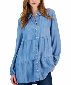 Style & Co Women's Tiered Button-Up Long-Sleeve Chambray Shirt, Created For Macy's