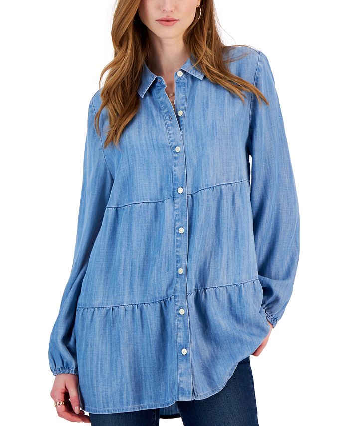 Women's Tiered Button-Up Long-Sleeve Chambray Shirt, Created For Macy's Style & Co Women's Tiered Button-Up Long-Sleeve Chambray Shirt, Created For Macy's -CeCe cloth-shop