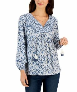 Style & Co Women's Floral Printed Tasseled Peasant Top, Created For Macy's