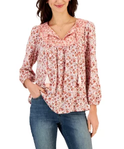 Style & Co Women's Floral Printed Tasseled Peasant Top, Created For Macy's -CeCe cloth-shop 23313764 fpx
