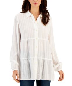 Style & Co Women's Textured-Stripe Tiered Button Shirt, Created For Macy's