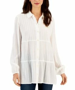 Style & Co Women's Textured-Stripe Tiered Button Shirt, Created For Macy's