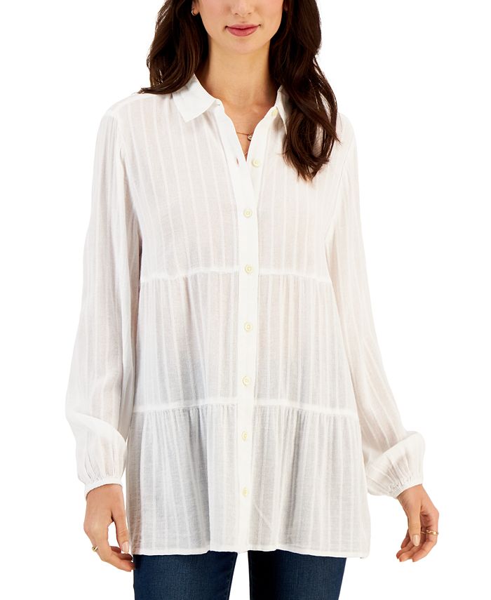 Style & Co Women's Textured-Stripe Tiered Button Shirt, Created For Macy's 1 Style & Co Women's Textured-Stripe Tiered Button Shirt, Created For Macy's