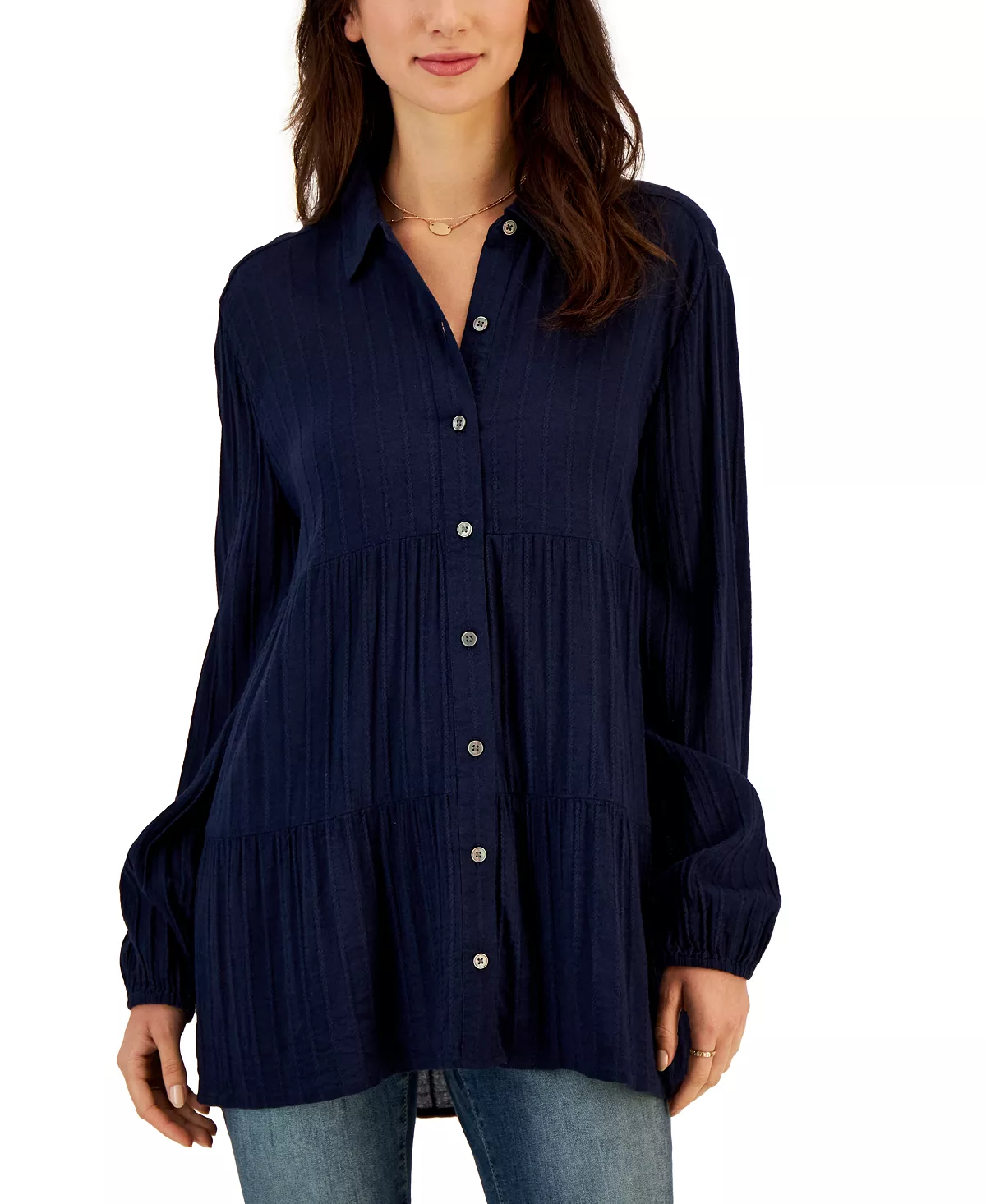 Style & Co Women's Textured-Stripe Tiered Button Shirt, Created For Macy's 6 Style & Co Women's Textured-Stripe Tiered Button Shirt, Created For Macy's - Image 6
