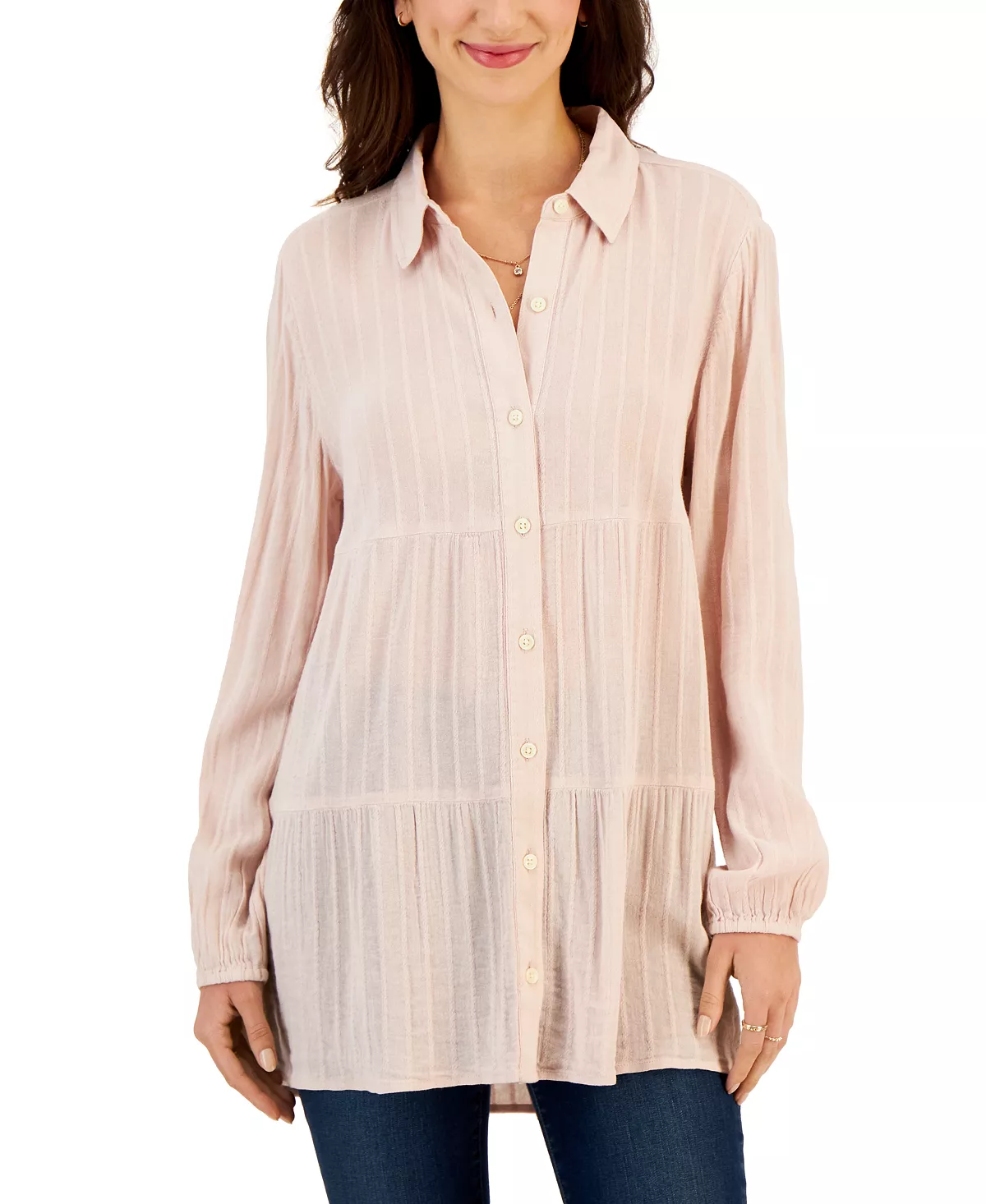 Style & Co Women's Textured-Stripe Tiered Button Shirt, Created For Macy's 5 Style & Co Women's Textured-Stripe Tiered Button Shirt, Created For Macy's - Image 5