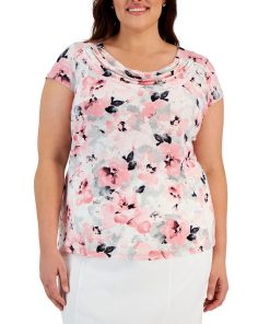 Kasper Plus Size Floral Knit Cowlneck Cap-Sleeve Top