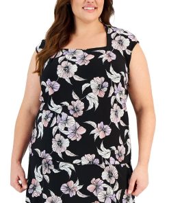 Kasper Plus Size Floral Square-Neck Cap-Sleeve Blouse
