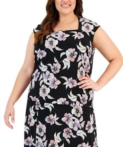 Kasper Plus Size Floral Square-Neck Cap-Sleeve Blouse -CeCe cloth-shop 23315027 fpx