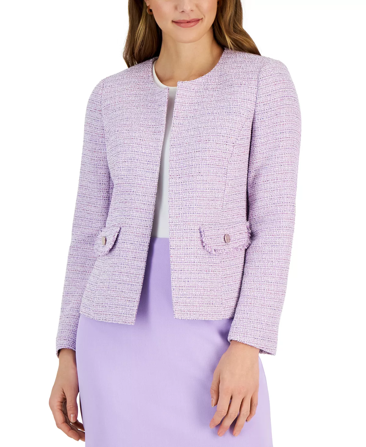 Women's Collarless Tweed Cardigan Open-Front Jacket Kasper Women's Collarless Tweed Cardigan Open-Front Jacket -CeCe cloth-shop