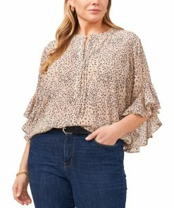 Vince Camuto Plus Size Cheetah Print Flutter-Sleeve Pintucked Henley Blouse