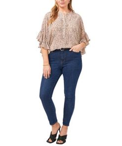 Vince Camuto Plus Size Cheetah Print Flutter-Sleeve Pintucked Henley Blouse -CeCe cloth-shop 23326001 fpx