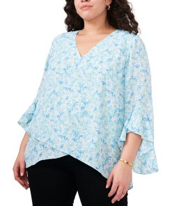 Vince Camuto Plus Size Printed Ruffle-Cuff 3/4-Sleeve Blouse