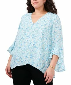Vince Camuto Plus Size Printed Ruffle-Cuff 3/4-Sleeve Blouse