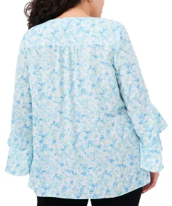 Vince Camuto Plus Size Printed Ruffle-Cuff 3/4-Sleeve Blouse 7 Vince Camuto Plus Size Printed Ruffle-Cuff 3/4-Sleeve Blouse -CeCe cloth-shop 23326516 fpx