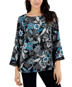 JM Collection Women's Etched Batik Printed Flared-Sleeve Top, Created For Macy's 3 JM Collection Women's Etched Batik Printed Flared-Sleeve Top, Created For Macy's -CeCe cloth-shop 23338523 fpx