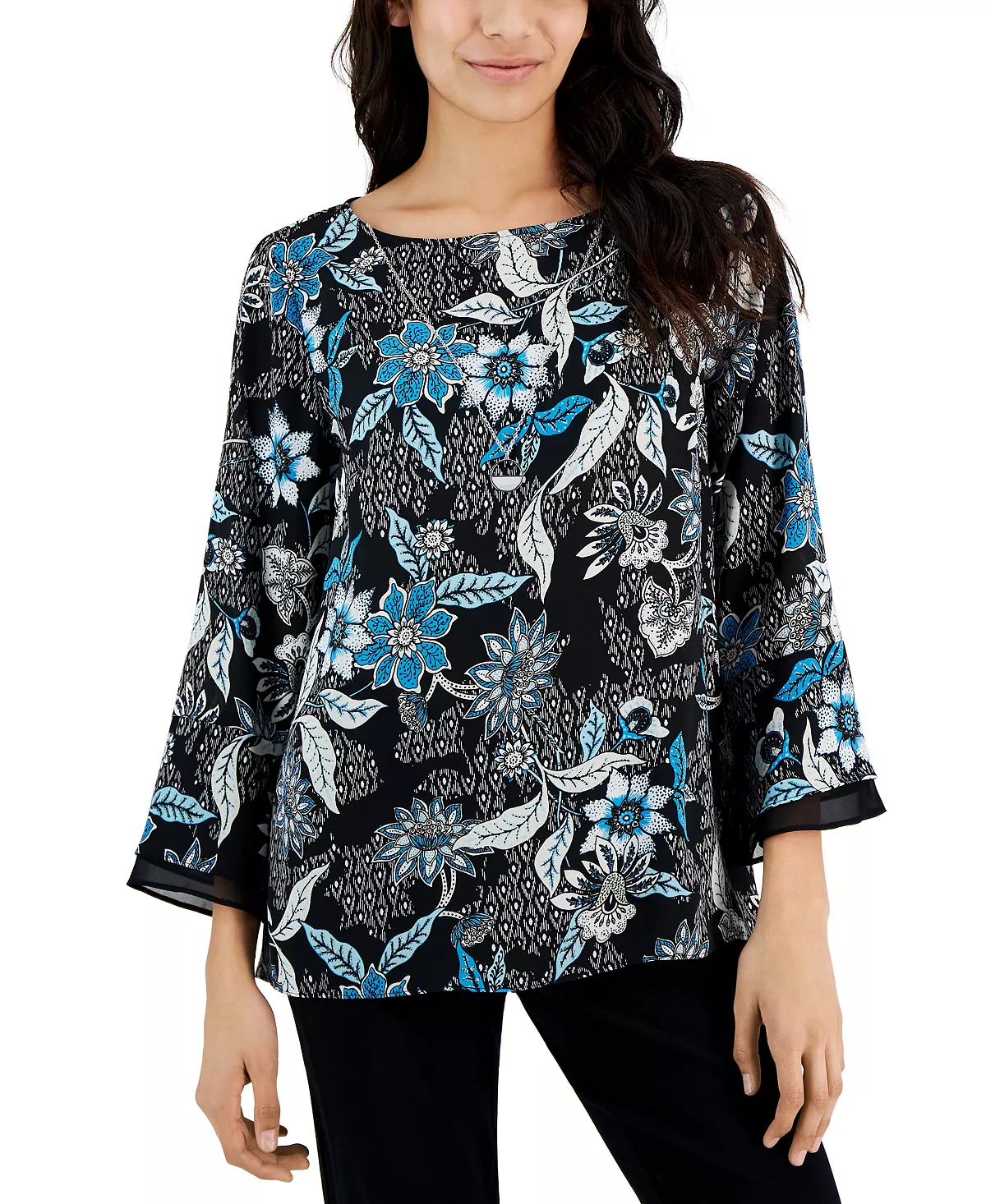 Women's Etched Batik Printed Flared-Sleeve Top, Created For Macy's JM Collection Women's Etched Batik Printed Flared-Sleeve Top, Created For Macy's -CeCe cloth-shop